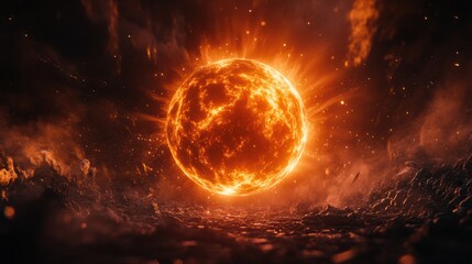 Obraz premium A glowing orb of orange light in the middle of a dark scene, casting radiant beams in all directions for a magical look.