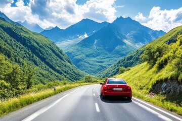 Red car driving on nature road between green mountains in summer. Nature landscape on highway for summer vacation travel. Mountain road view on beautiful nature trip in Europe. car drive highway, ai