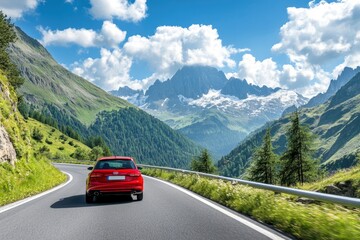 Red car driving on nature road between green mountains in summer. Nature landscape on highway for summer vacation travel. Mountain road view on beautiful nature trip in Europe. car drive highway, ai