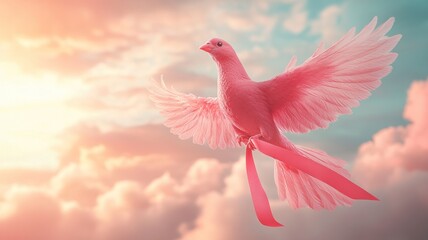 A pink bird soaring through a colorful sky at sunset.