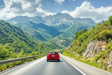 Red car driving on nature road between green mountains in summer. Nature landscape on highway for summer vacation travel. Mountain road view on beautiful nature trip in Europe. car drive highway, ai