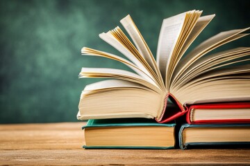 Naklejka premium book with open pages, close up, books on the shelf in school, open book on wooden table. back to school concept, ai