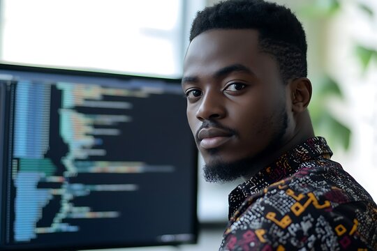 Focused African American Programmer Working at Computer, Coding Software
