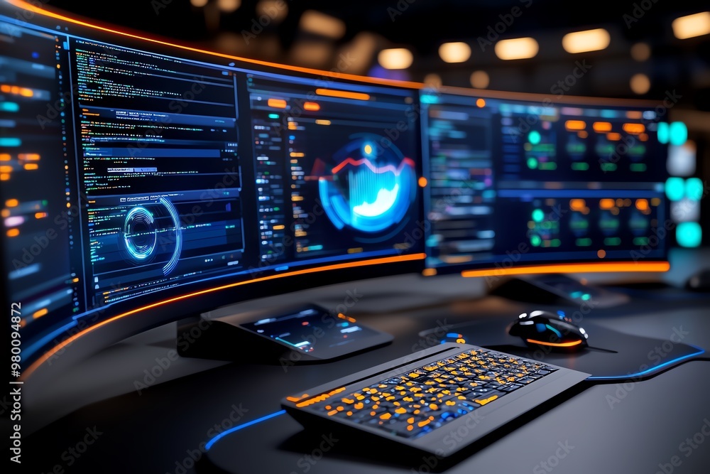 Poster A futuristic control center monitoring data integrity, with real-time alerts on server health and performance