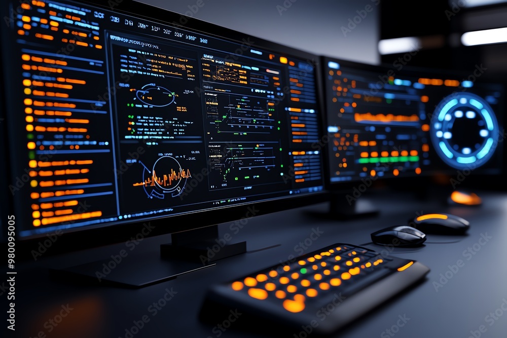 Poster A futuristic control center monitoring data integrity, with real-time alerts on server health and performance