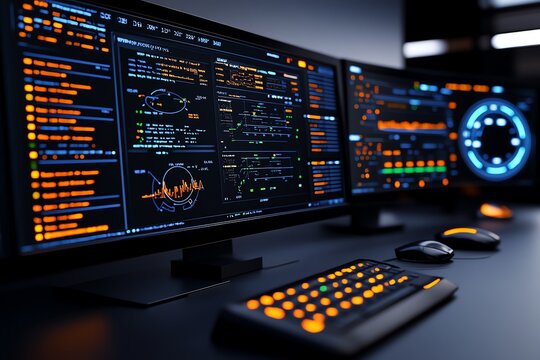 A futuristic control center monitoring data integrity, with real-time alerts on server health and performance