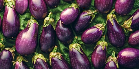Fresh glossy eggplants arranged neatly on a green surface. This vibrant photo captures the essence of healthy produce. Perfect for food blogs and culinary designs. AI