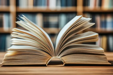 Naklejka premium book with open pages, close up, books on the shelf in school, open book on wooden table. back to school concept, ai