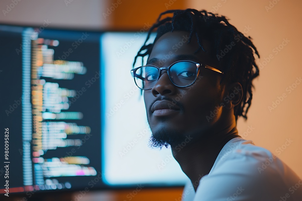 Aufkleber focused young man with dreadlocks wearing glasses working on a computer with code on screen