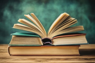 Fototapeta premium book with open pages, close up, books on the shelf in school, open book on wooden table. back to school concept, ai
