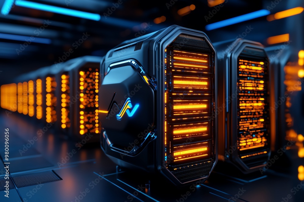 Aufkleber A futuristic server room with glowing databases, featuring rows of data storage units and fiber optic cables