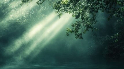 Faint green light rays breaking through misty fog, illuminating the scene with a serene, ethereal glow.