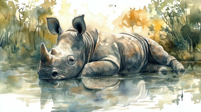 Enchanting watercolor clipart of a baby rhinoceros resting in a serene pond-side setting