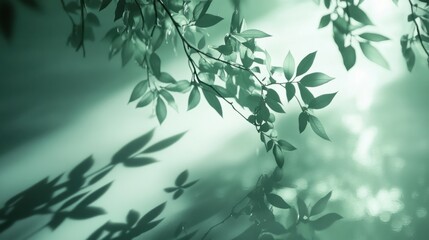 Soft green light gently illuminating a reflective surface, casting calm and serene shadows.