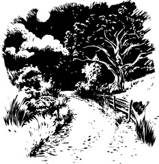 Black and White Landscape with Tree and Pathway