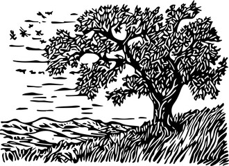 Fototapeta premium Vector Illustration of a Tree and Scenic Landscape