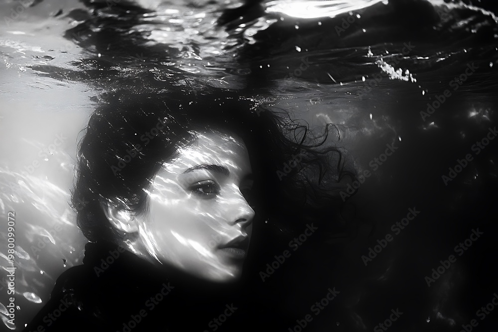 Wall mural Woman Underwater with Black and White Photography. A Moody and Ethereal Photo.