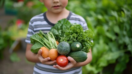 Portrait of child harvests carrots and various types of vegetables in the garden,cute smile japanese girl and boy with vegetables basket in farm,Selective focus,Nature farm,copy space.