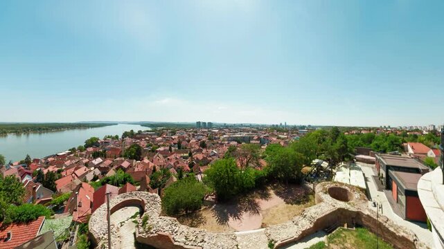 Panoramic view of Gardos Tower or Millennium Tower , erected in 1896 under the Austro-Hungarian monarchy, showcasing the Zemun area of Belgrade, Serbia, with the Danube River visible nearby.