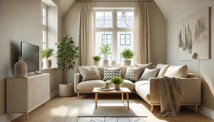 Fototapeta premium A modern Scandinavian living room with neutral tones, cozy furniture, and natural light. ナチュラルカラーと居心地の良い家具が特徴の、北欧風モダンリビングルーム。