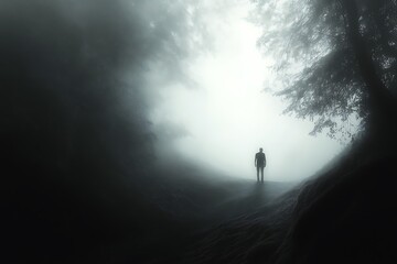 Mysterious Silhouette in Foggy Forest Path, Moody, Atmospheric Photo