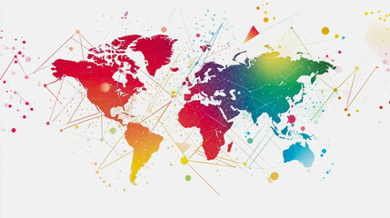 Obraz premium Abstract white background with Colorful business connection of line from nail node to node on world map background Innovation network points Earth's surface
