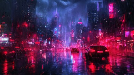 Fototapeta premium Cyberpunk City Streets with Neon Lights and Rainy Foggy Atmosphere