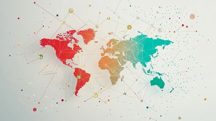 Fototapeta premium Abstract white background with Colorful business connection of line from nail node to node on world map background Innovation network points Earth's surface