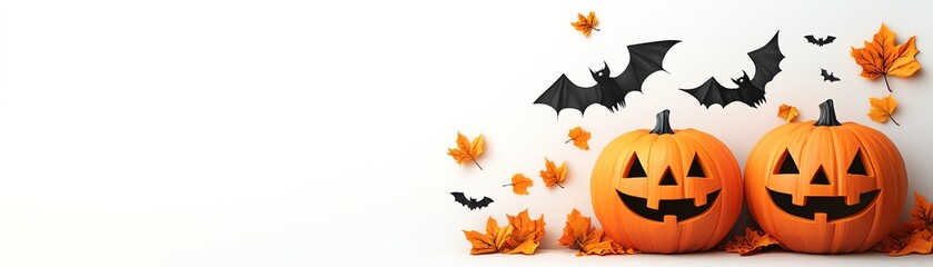 Fototapeta premium Minimalistic Halloween pumpkins in pastel colors with flying bats, leaving space for text on a white background.