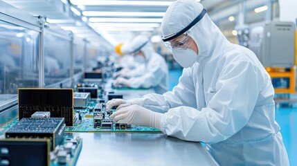 A cleanroom with workers assembling microchips, representing the precision and controlled environment of the semiconductor industry