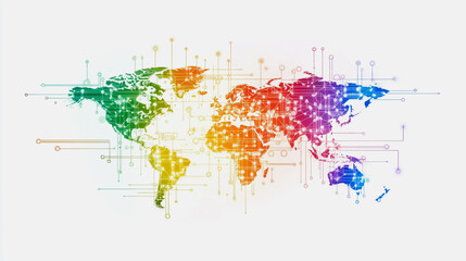 Naklejka premium Abstract white background with Colorful business connection of line from nail node to node on world map background Innovation network points Earth's surface