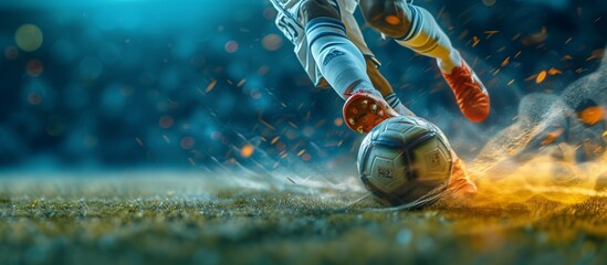 Dynamic close-up of a soccer player's feet kicking a ball on a wet field, capturing the action and intensity of the moment in motion.