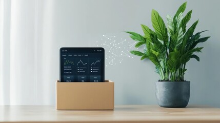 A digital screen showing a finance app with data points floating outside a virtual box, representing thinking beyond traditional financial constraints