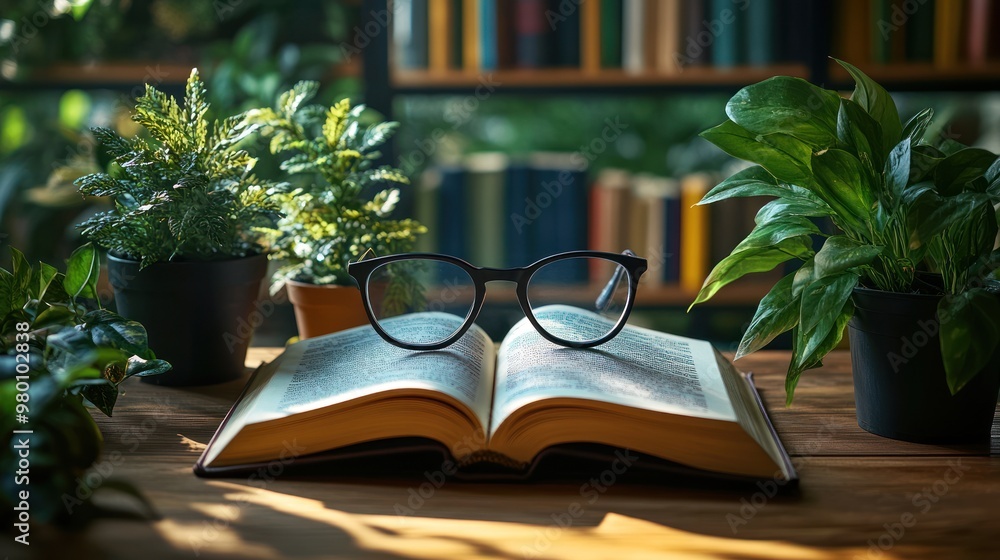 Wall mural Open Book with Glasses on a Wooden Table