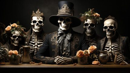 Group of skeletons dressed in fancy dress for Halloween