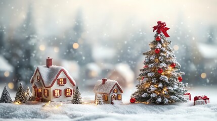 Snowy Christmas village with a decorated tree and copy space for a warm holiday greeting.