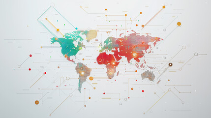 Fototapeta premium Abstract white background with Colorful business connection of line from nail node to node on world map background Innovation network points Earth's surface