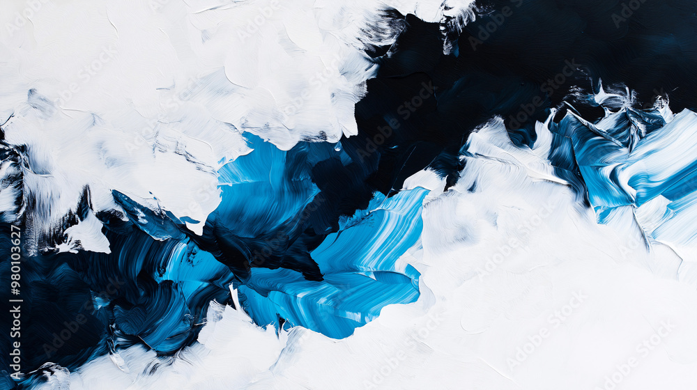 Poster bold strokes of blue and white intertwine against a dark backdrop, creating a striking abstract comp