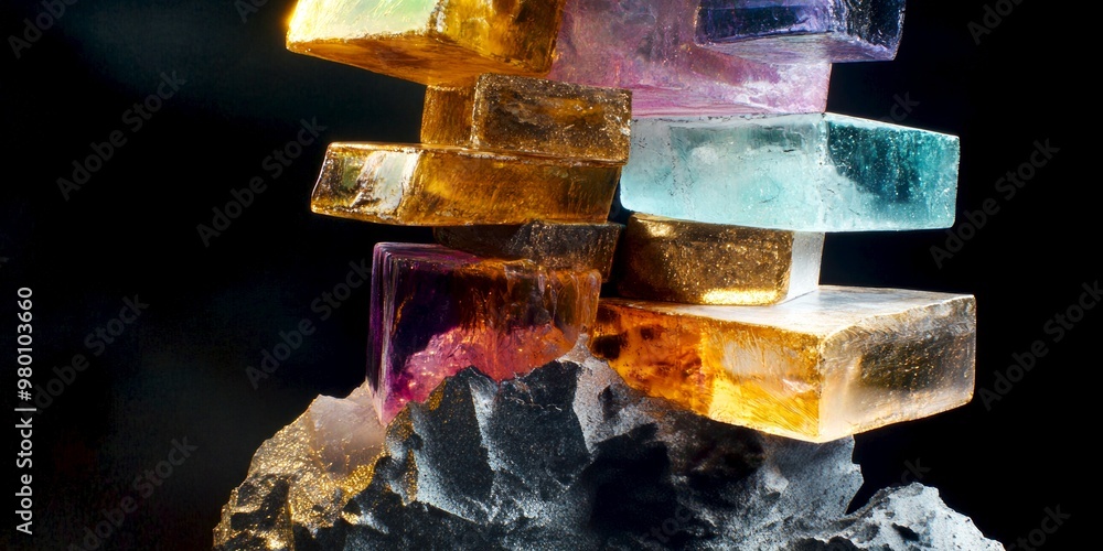 Poster colorful stacked crystals display a beautiful blend of hues on a rugged surface. the vibrant layers 