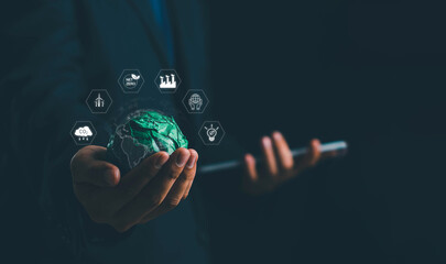 business hands holding the green world for the Sustainable Development Goals.Corporate social responsibility CSR.World Environment Day. Responsibility for the environment. Save and protect the world.