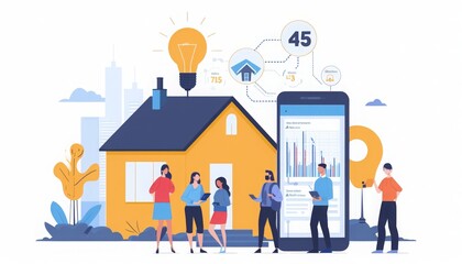 Illustration of people interacting around a modern suburban home with technology integrating into daily life, highlighting community and connectivity.