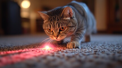 A cat playfully chasing a laser pointer on the carpet.