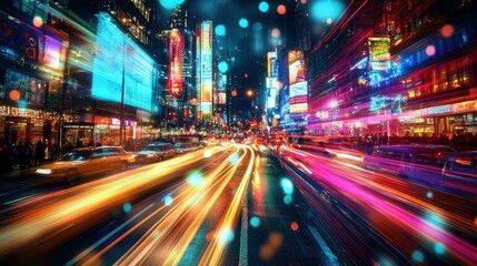 Fototapeta premium Mesmerizing long-exposure image of a lively city street at night with blurred multicolored lights streaking by suggesting the energy and excitement of an urban nightlife