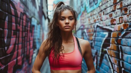 Naklejka premium beautiful woman in sportswear looking at the camera in an alley with graffiti