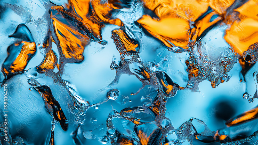 Poster intricate patterns of colorful ice are highlighted in shades of blue and orange, showcasing unique t