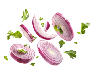 Onion slices flying on transparent background