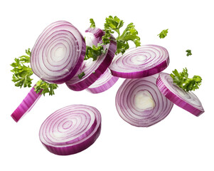 Red onion slices and parsley on transparent background