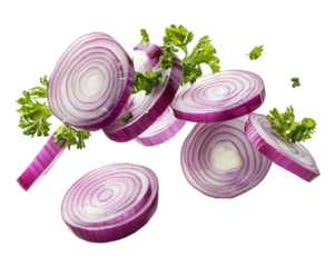 Red onion slices and parsley on transparent background