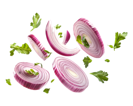 Onion slices flying on transparent background