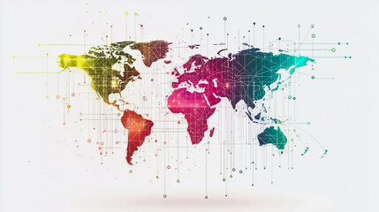 Obraz premium Abstract white background with Colorful business connection of line from nail node to node on world map background Innovation network points Earth's surface